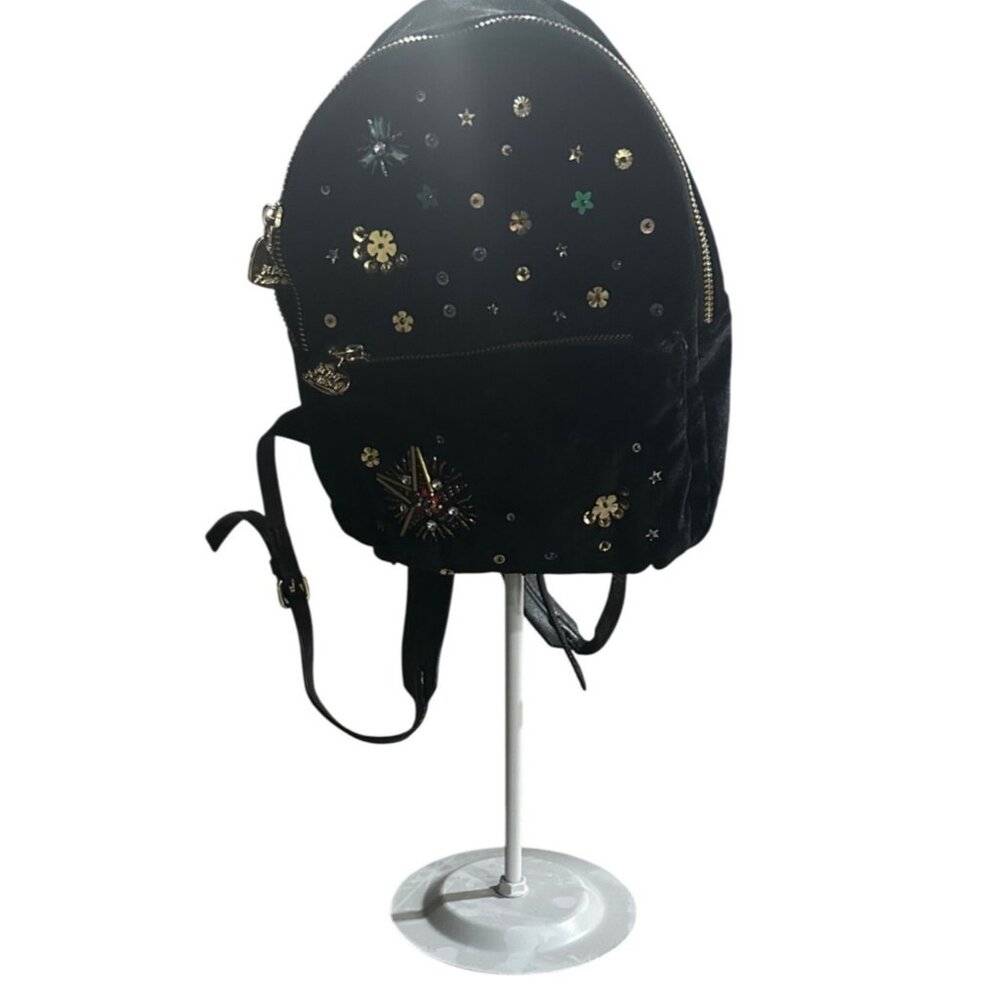 Betsey Johnson Black Velour Mini Backpack With Floral & Star Embellishments